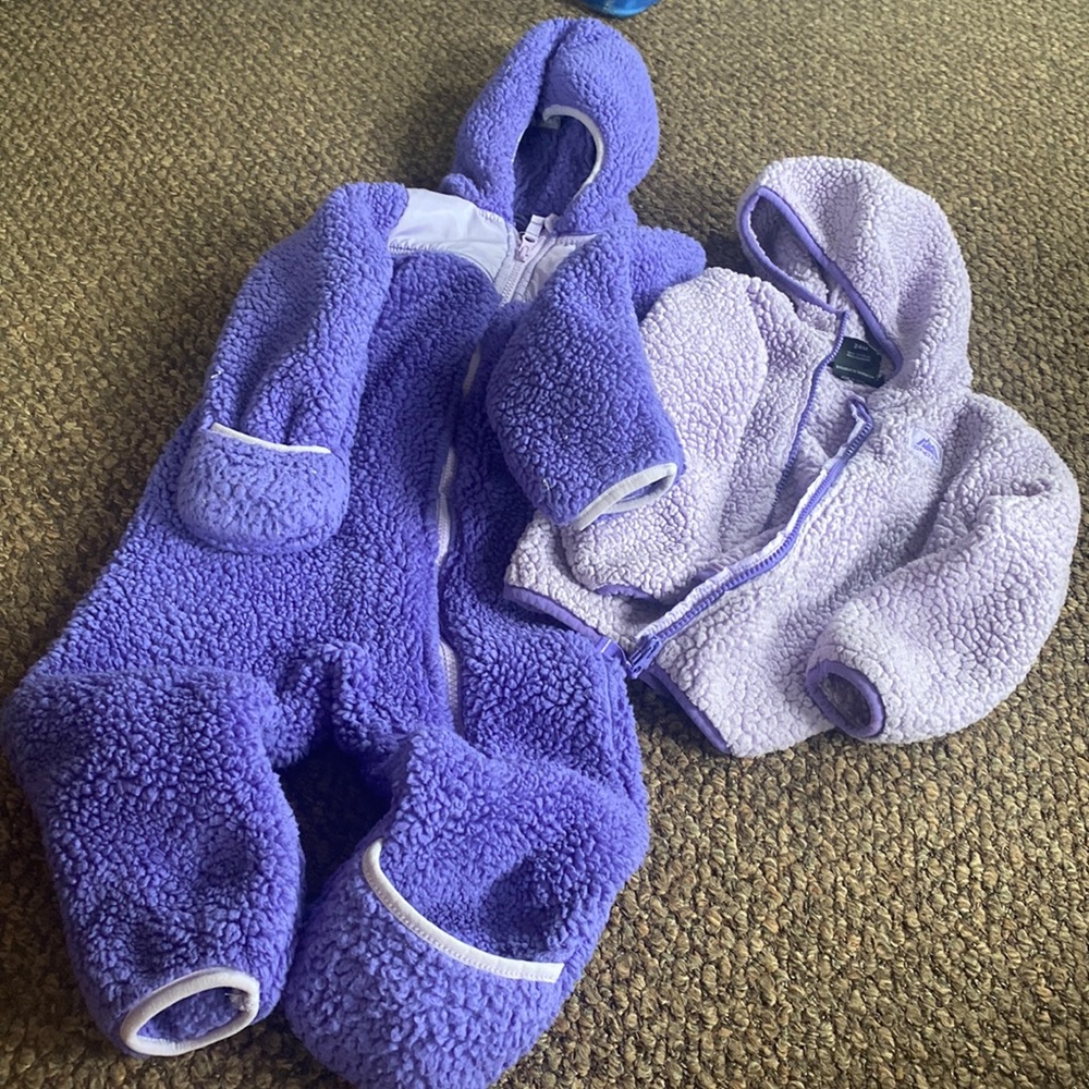Snowing fleece body suit and coat set. Size 24 months.